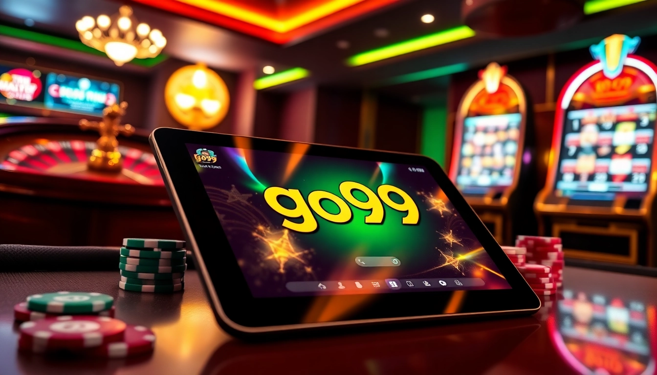 Players enjoying the thrilling go99 online casino experience with vibrant slot machines and poker chips.