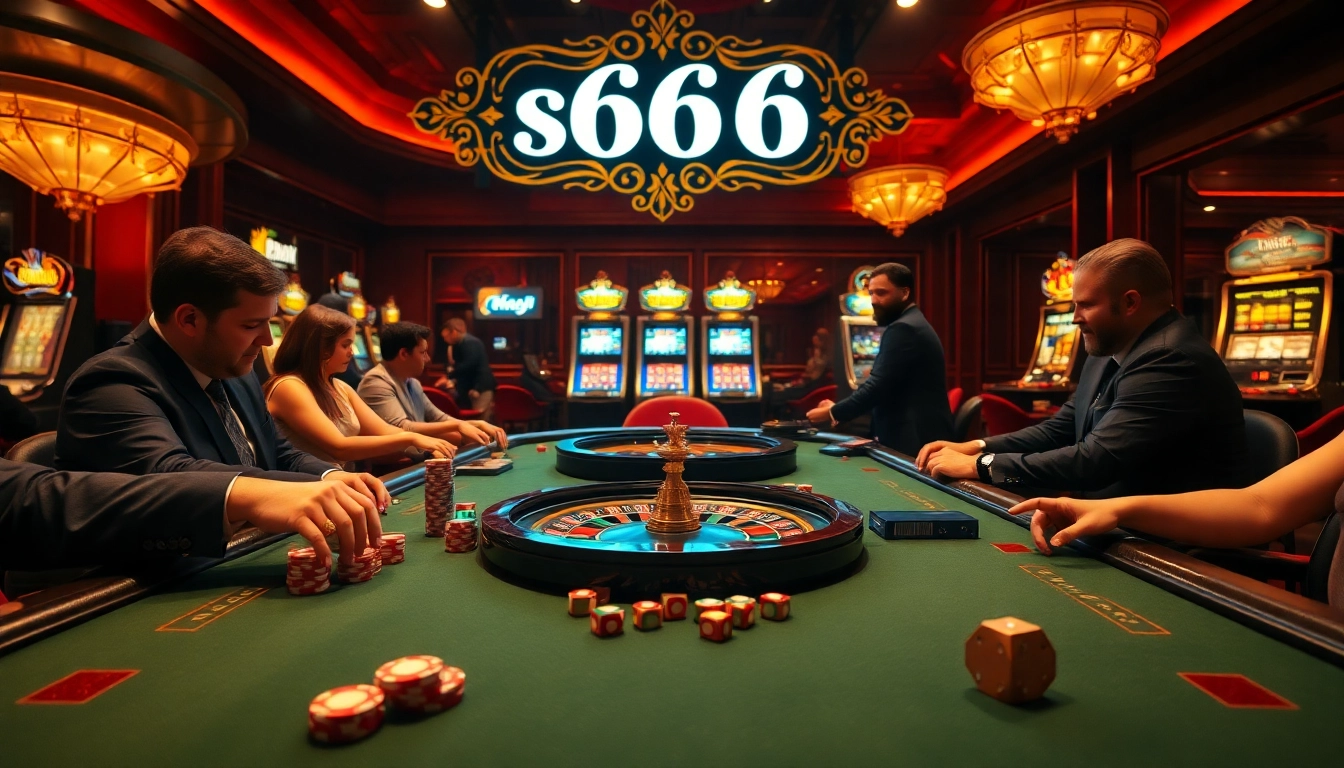 Players enjoying intense gaming at a high-stakes table with s666 branding, showcasing poker chips and roulette.