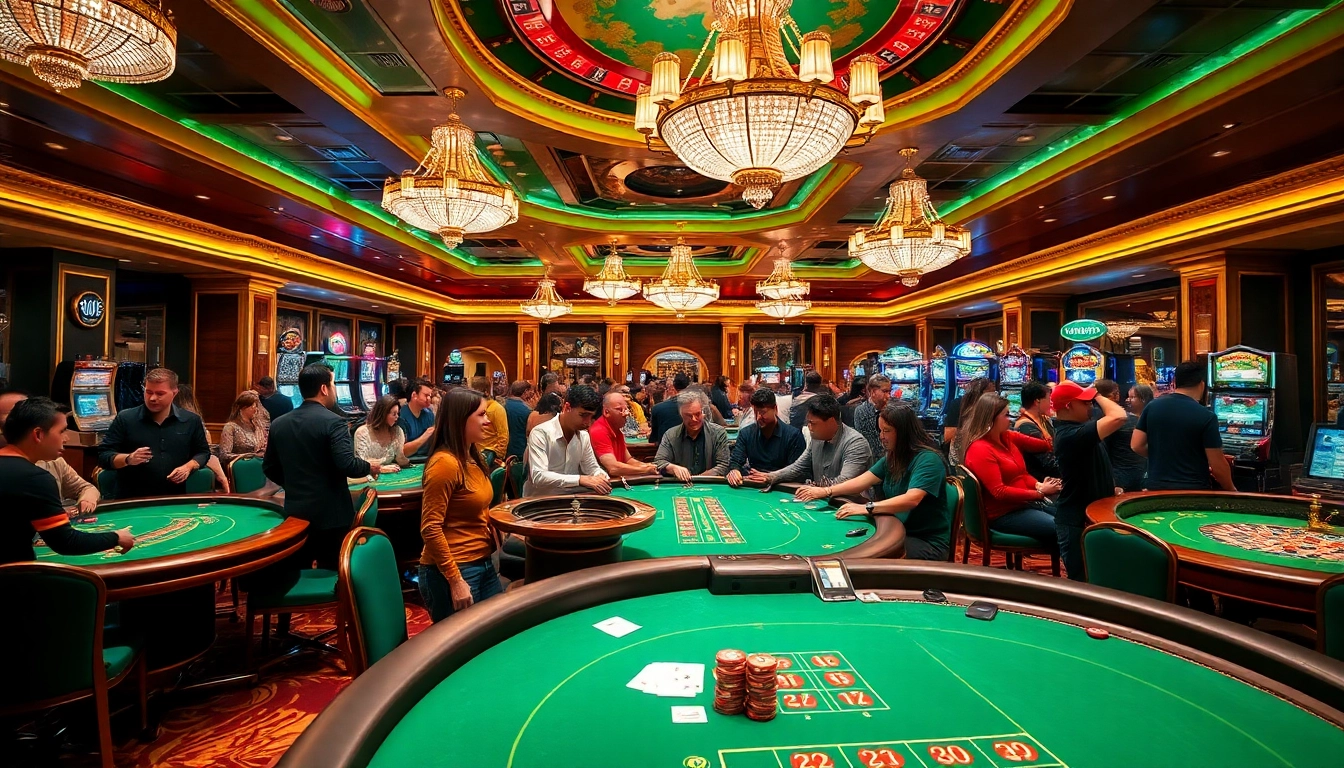 Players engaging in strategic bets at mb66 com casino tables filled with vibrant colors and excitement.