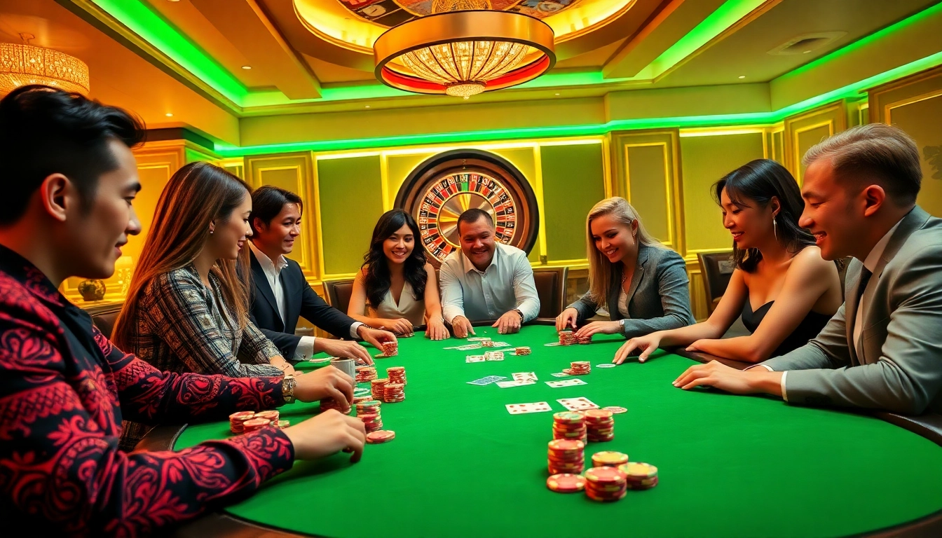 Excited players engage in poker at SV88 casino with vibrant atmosphere and colorful chips