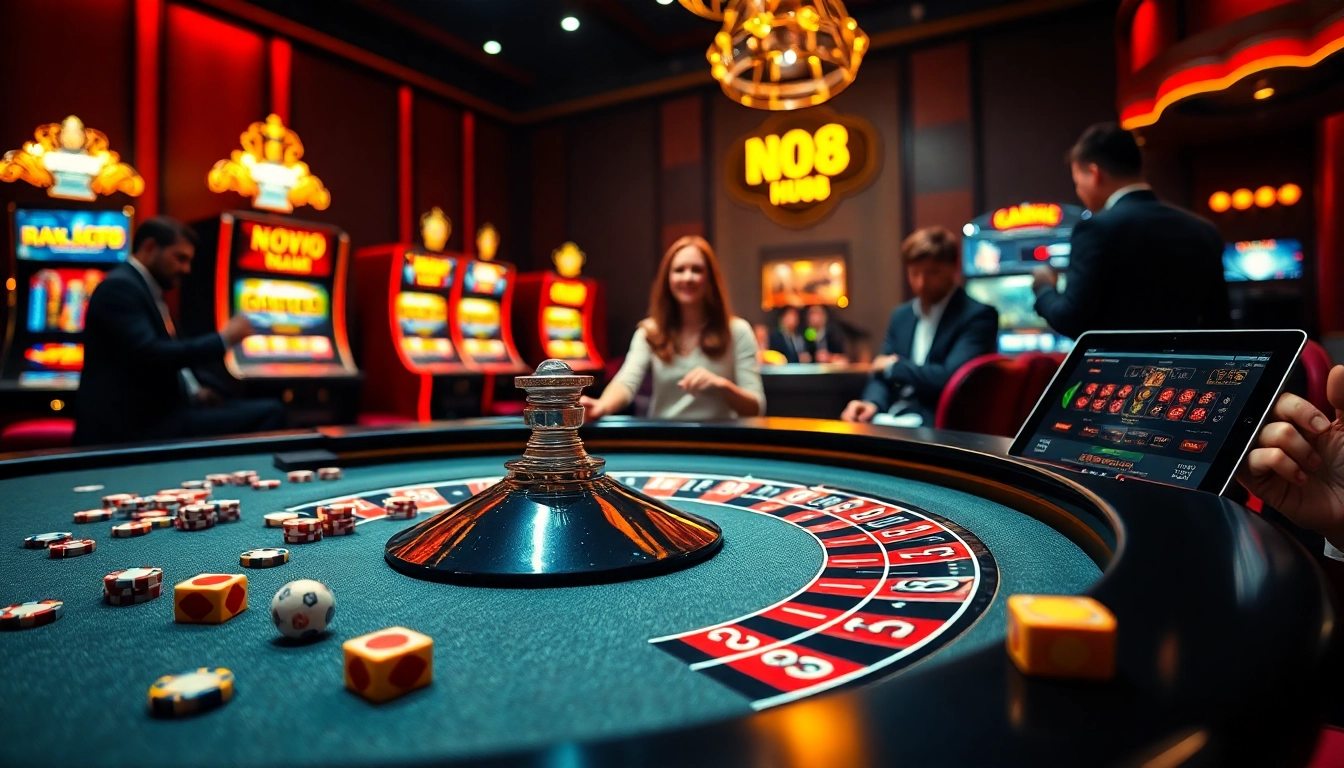 Experience excitement at the casino with roulette and slot machines in a luxurious setting, featuring NO HU88 elements.