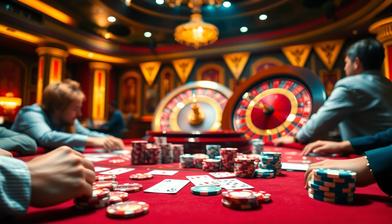 Players enjoying an exciting game at F168 nhà cái casino, surrounded by vibrant cards and chips.