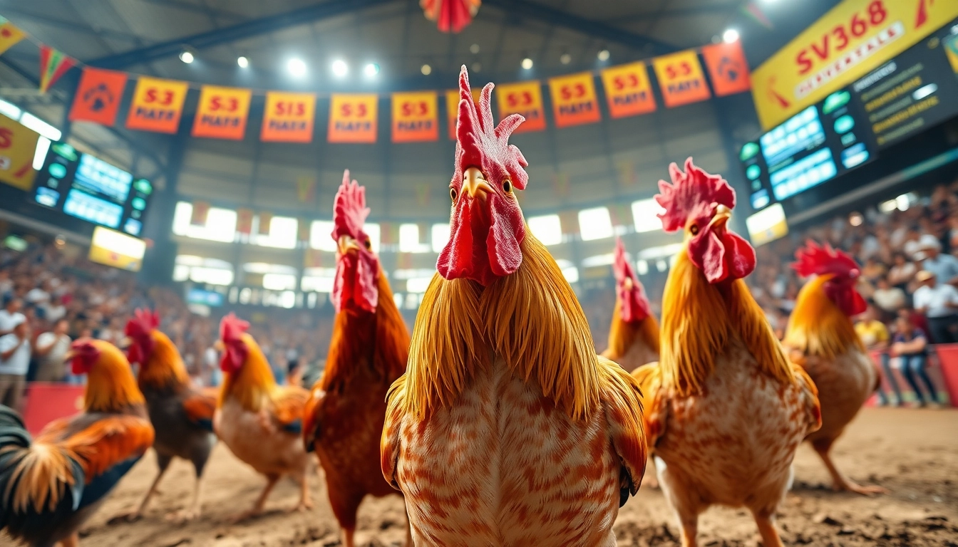 Exciting live cockfighting at SV368 with dynamic action and vibrant roosters, showcasing sv368win.live experience.