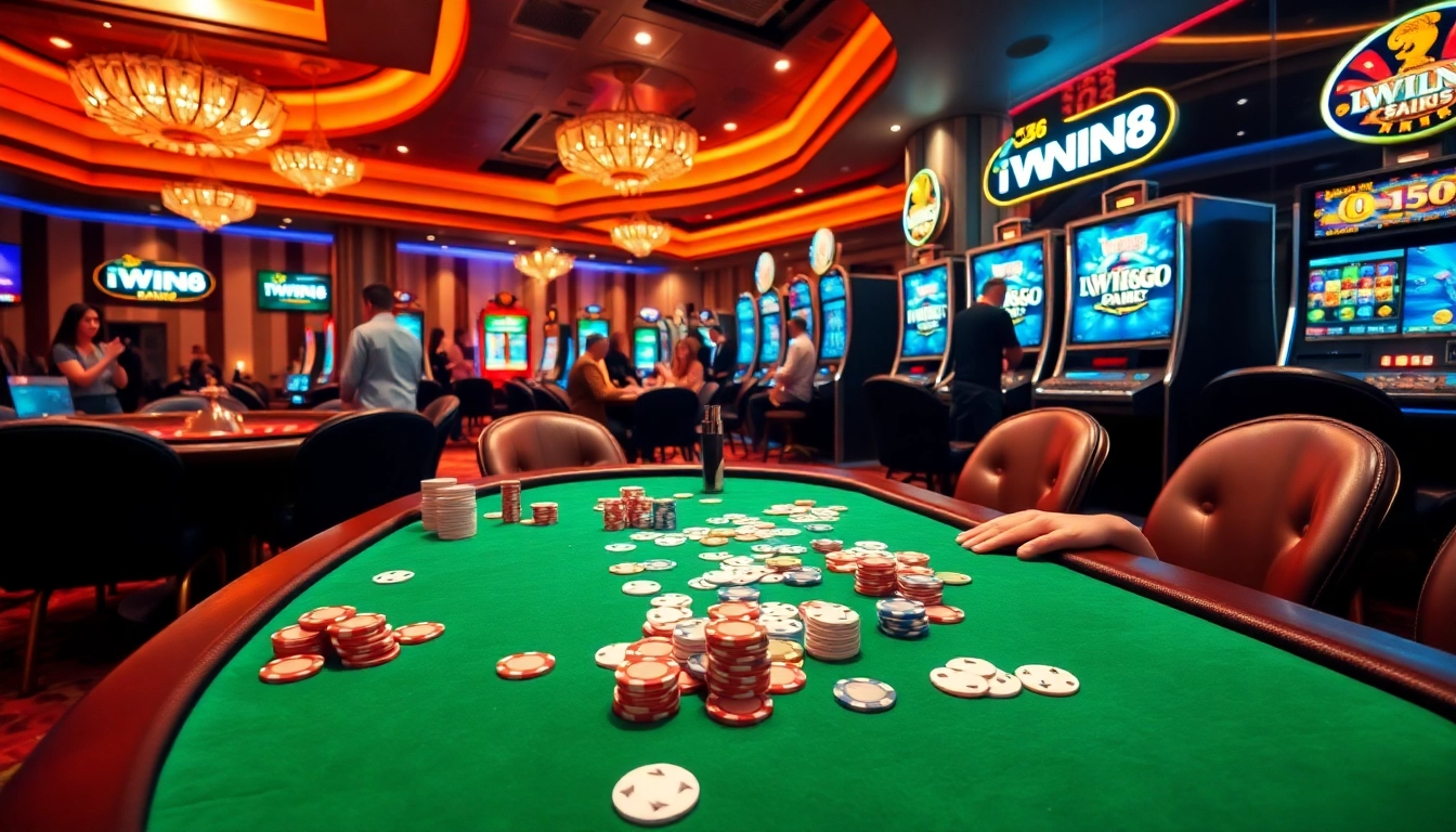IWIN68 poker game with vibrant chips and cards on a luxurious casino table
