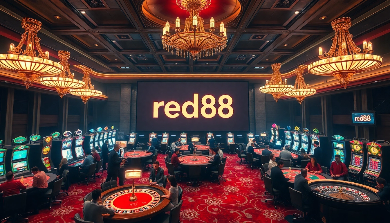 Winning players at red88 casino enjoying vibrant slot machines and poker tables in a luxurious setting.