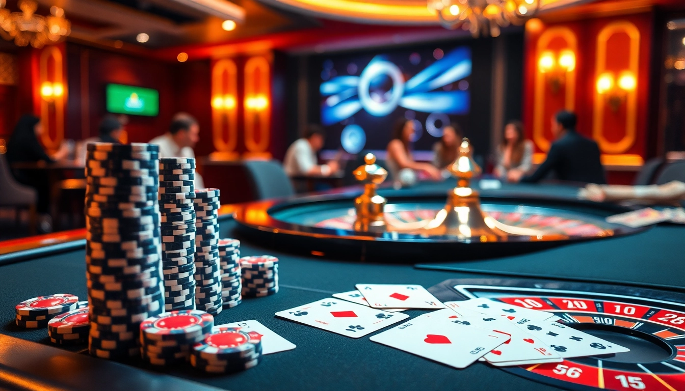 Experience the thrill of poker at 99ok with vibrant chips and cards in luxurious casino setting.