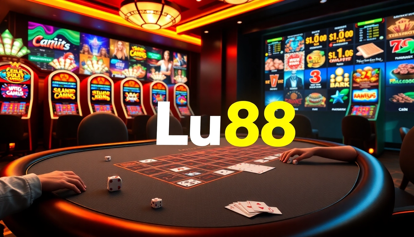 Lu88 gambling scene with players at a poker table and vibrant slot machines.