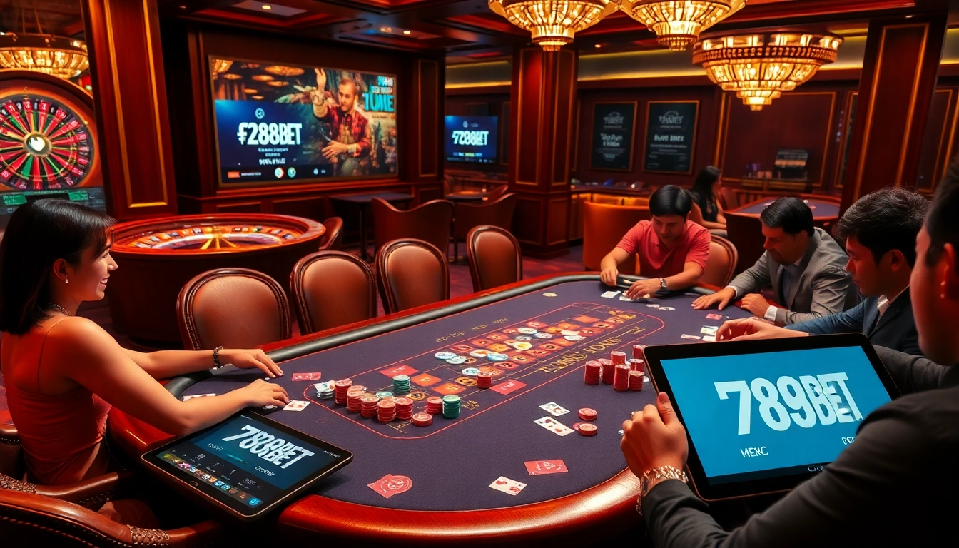 Players enjoy a thrilling poker game at a 789BET casino table, highlighting excitement and strategy in action.