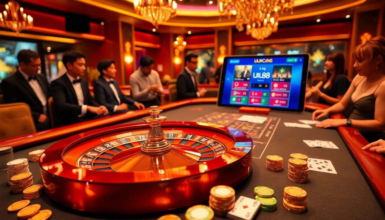 Players immersed in excitement at uu88 casino, engaging with roulette and betting chips.