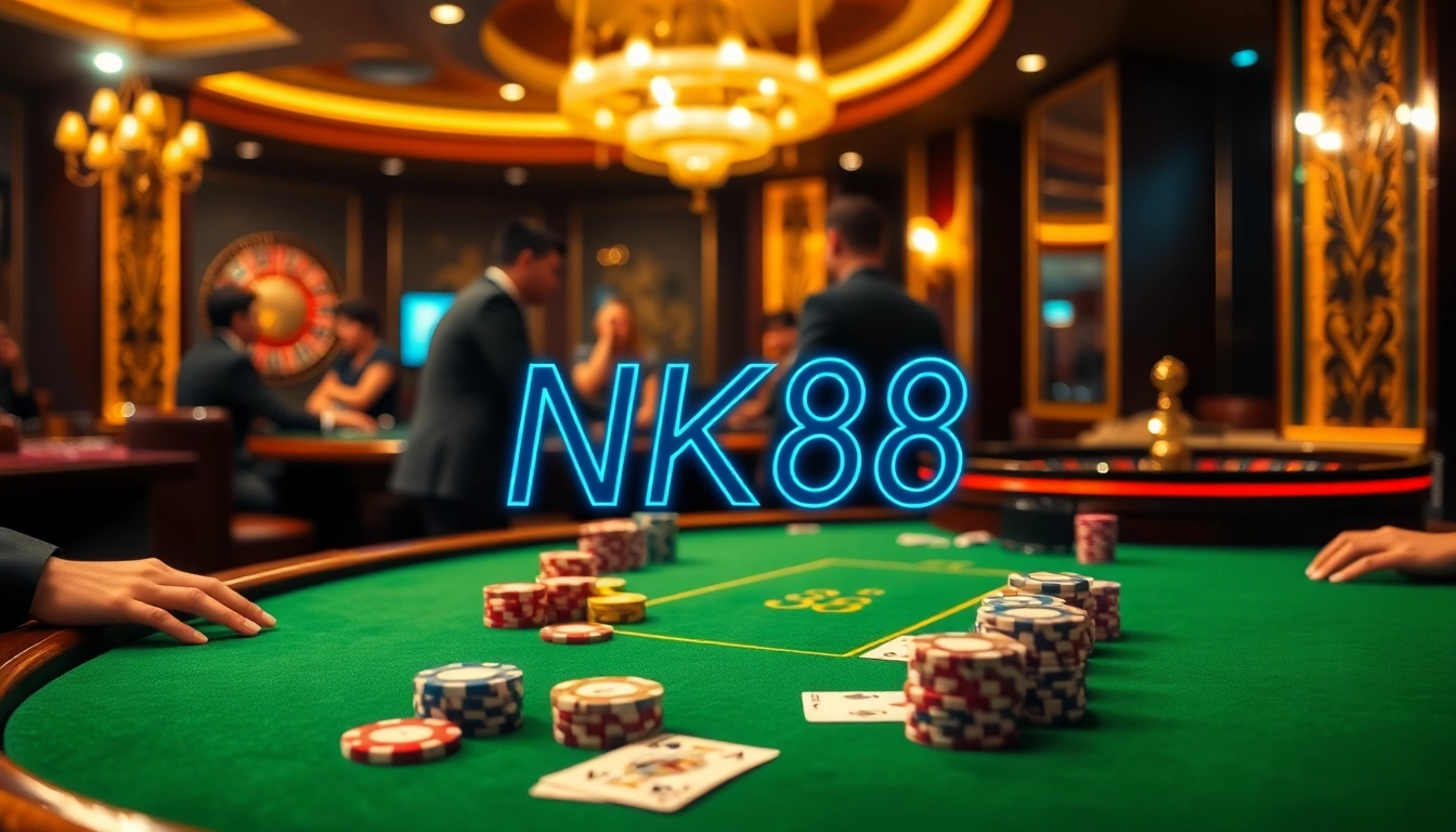 Experience NK88's thrilling poker game with stacked chips and elegant cards in a luxurious casino.