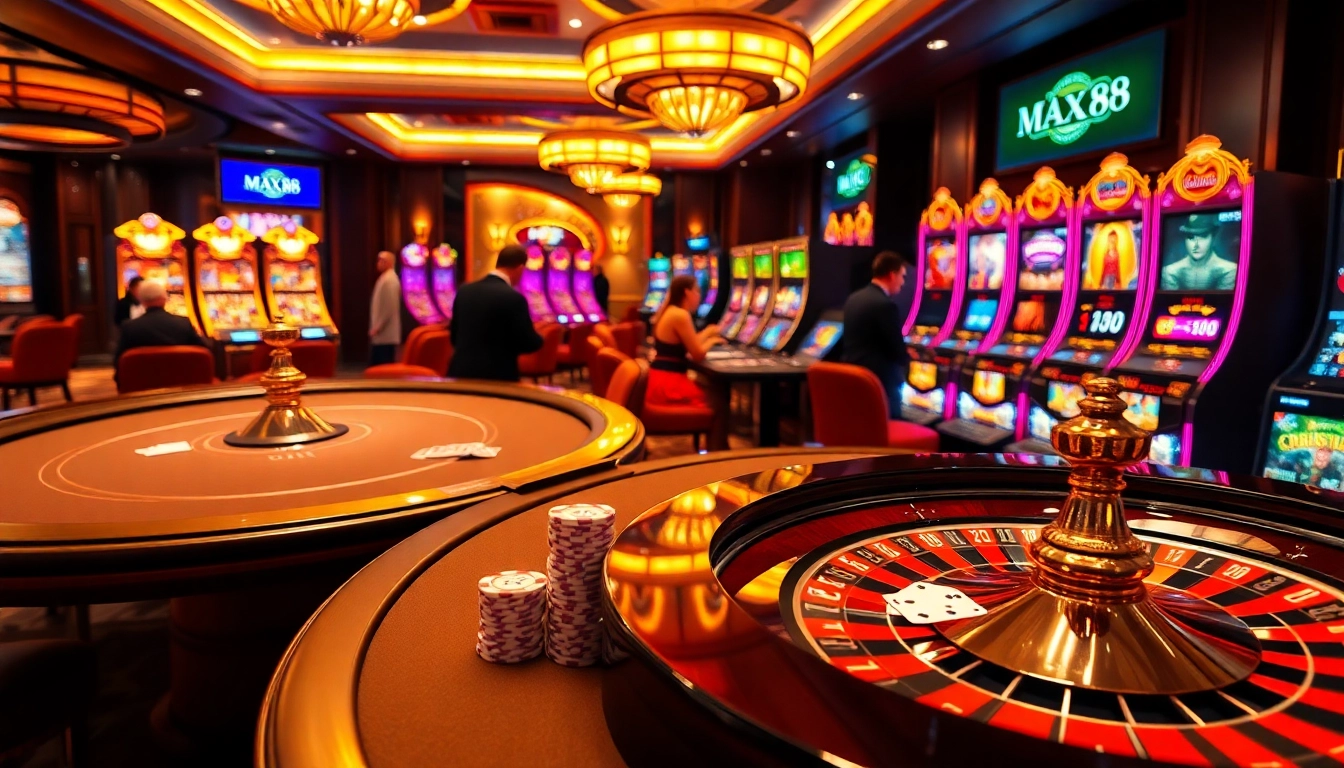 Experience an exciting game at max88 casino with vibrant slot machines and professional gaming tables.