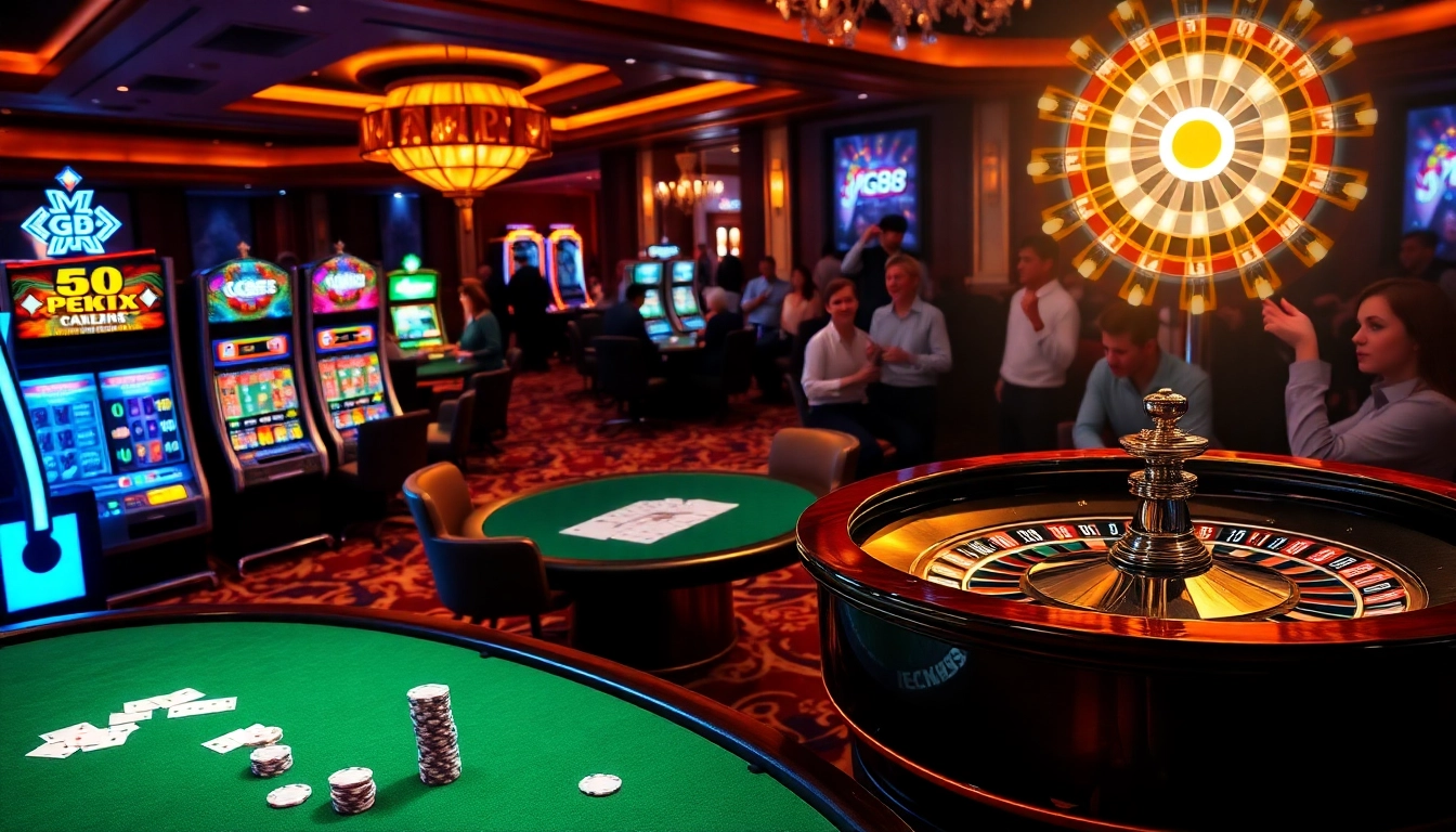 Players enjoying poker and slots at Kp88's luxurious casino floor.