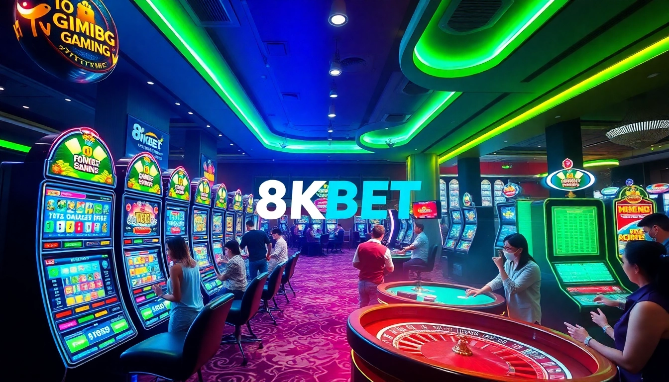 8KBET vibrant online gambling experience with digital gaming interfaces and lively casino atmosphere.