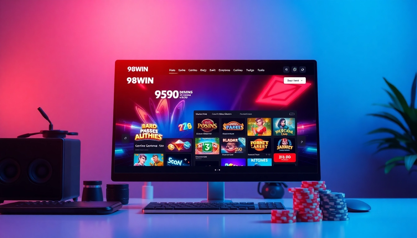 98WIN online gaming platform showcasing vibrant slot games and casino ambiance.