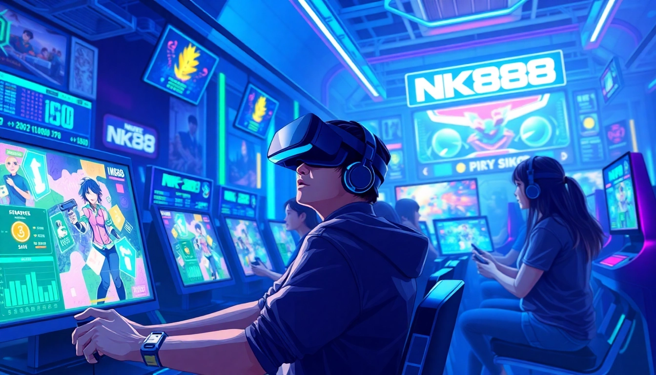 Exciting nk88 gaming scene showing players immersed in a digital competition with vibrant colors and advanced technology.