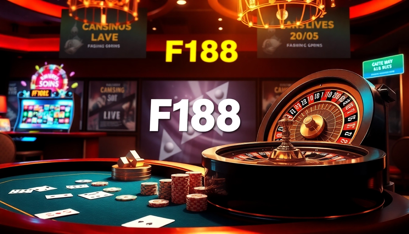Engaging gamblers at F168 with a vibrant online casino scene showcasing tables, roulette, and slot machine excitement.