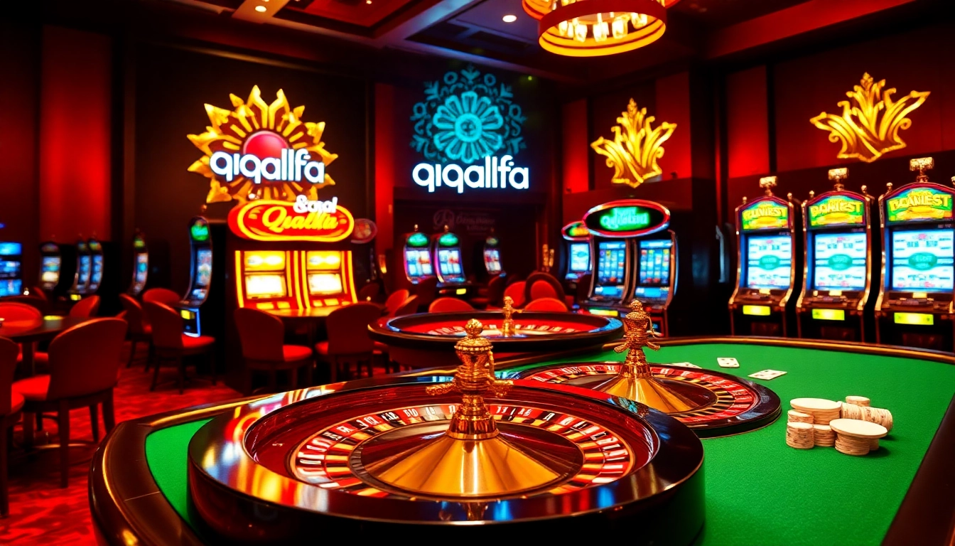 Engage with the thrilling atmosphere of qqalfa casino with poker tables and vibrant slot machines.