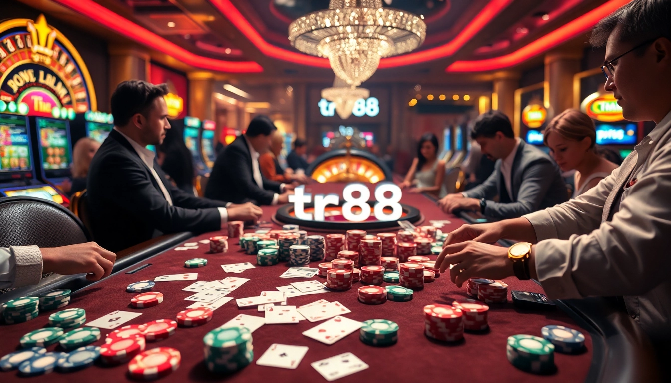 Experience the excitement of tr88 gaming with vibrant poker chips and a lavish casino atmosphere.