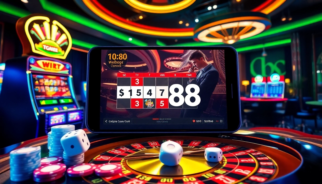 Experience the thrill of winning at TG88 with vibrant casino gaming visuals, featuring roulette tables and slot machines.