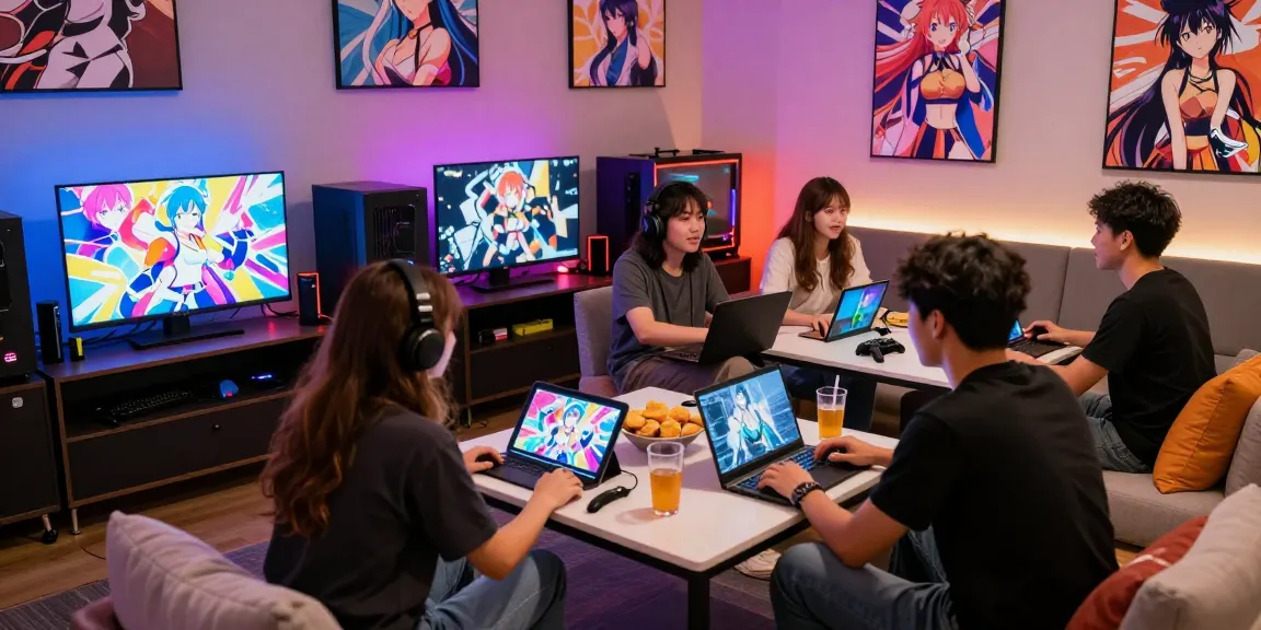 Friends enjoying free ecchi games in a vibrant gaming lounge with snacks and colorful visuals